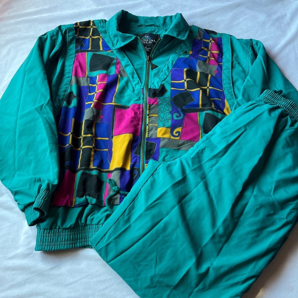 L Casual Isle Track Suit Nylon Aztec Motif Purple Teal Large Lined Vintage Retro